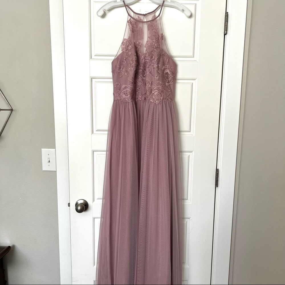 Davids Bridal Bridesmaid Dress - Size 8 High Neck Embroidered Soft Net - Quartz